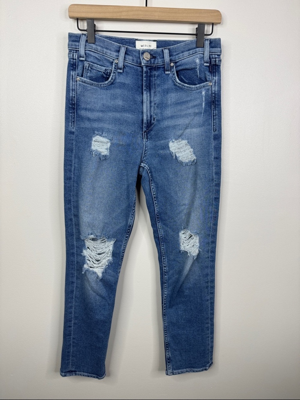 McGuire Newton Distressed Skinny Crop Jeans 27 Blue High Rise Stretch Ankle
